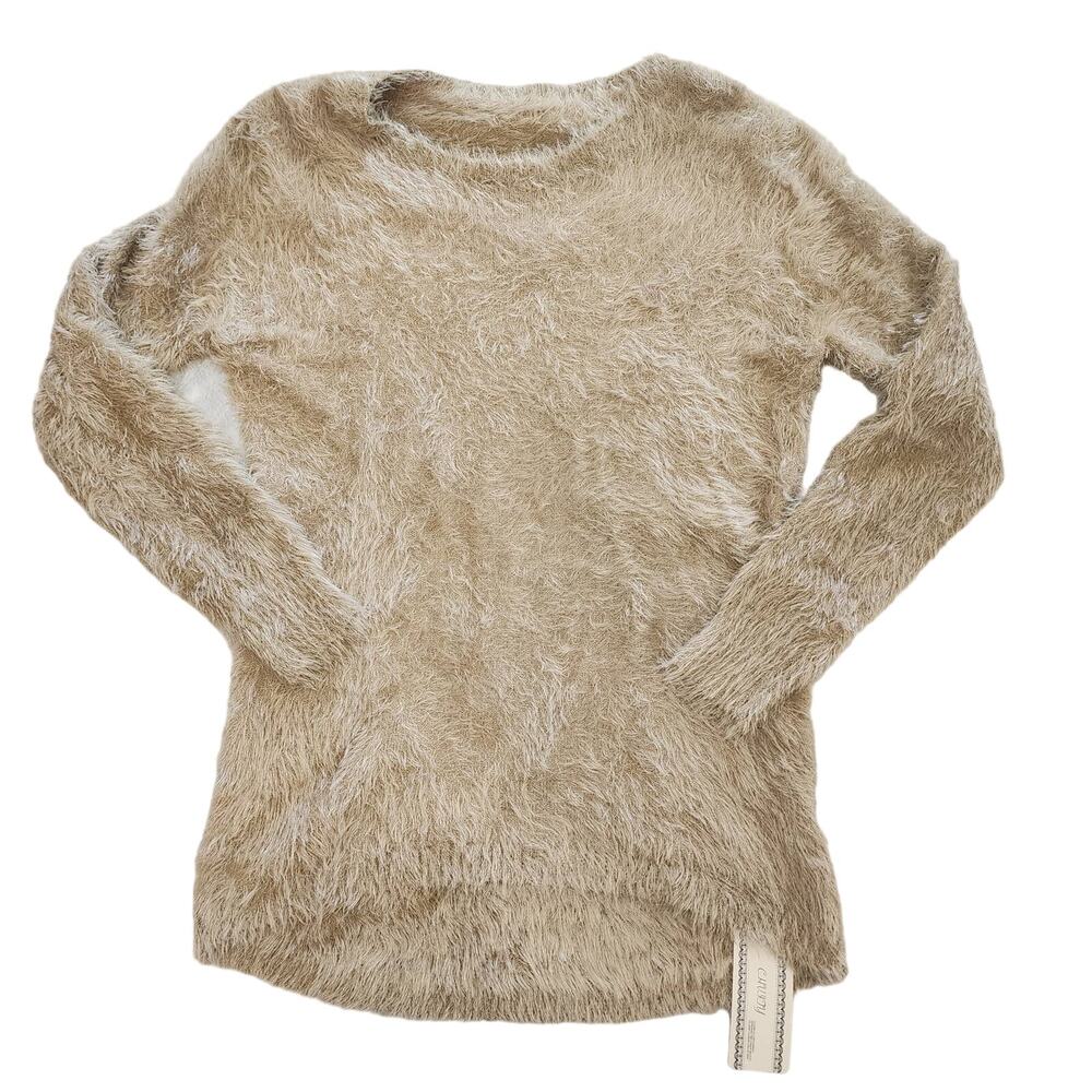 NWT Amazon Chvity Mohair Style Fuzzy Knit Pullover Crewneck Tan Sweater Medium